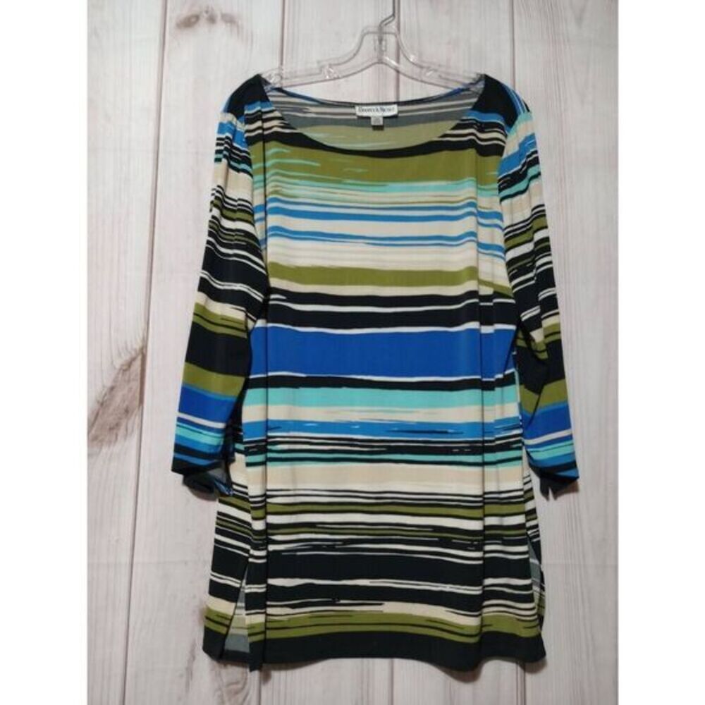 Danny & Nicole Womens 18W Tunic Blouse Blue Green Striped‎ Knit Scoop Neck Top